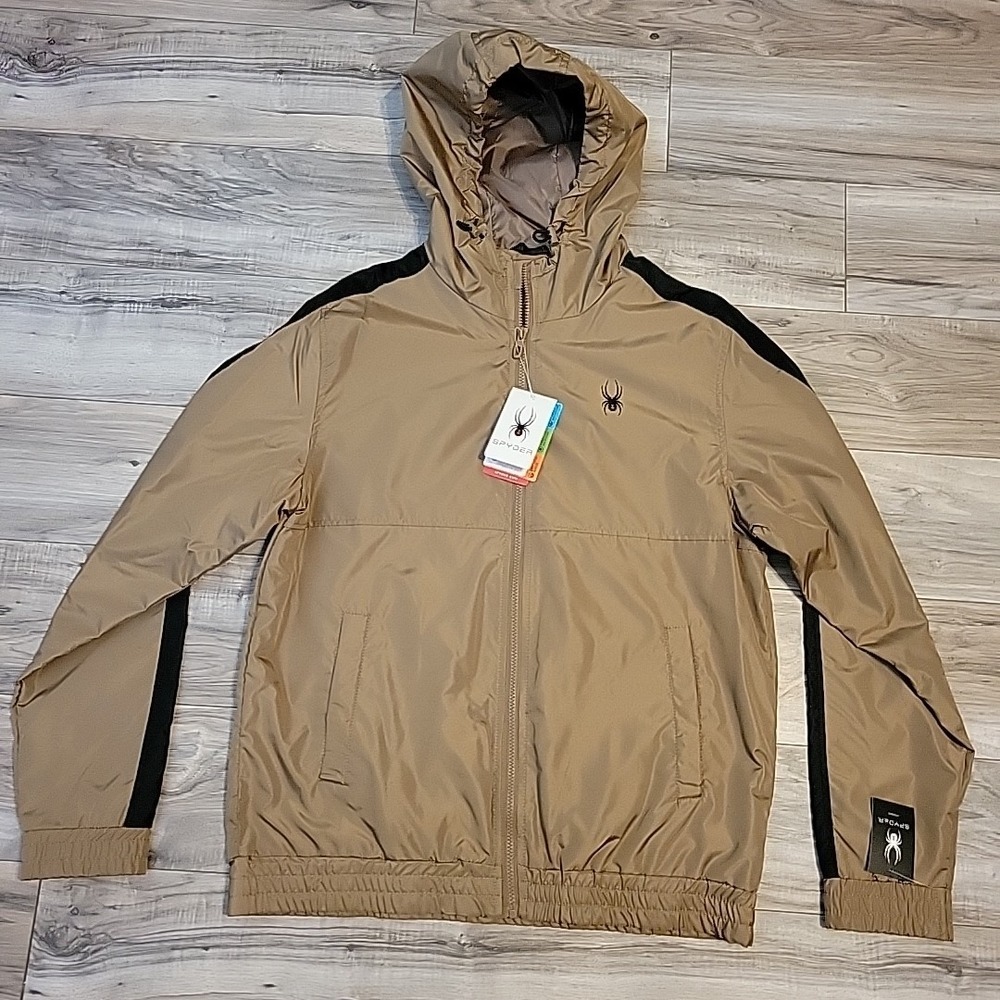 Spyder Men Taupe Hooded Jacket M Hydroweb Water Wind Resistant Breathable Dryweb